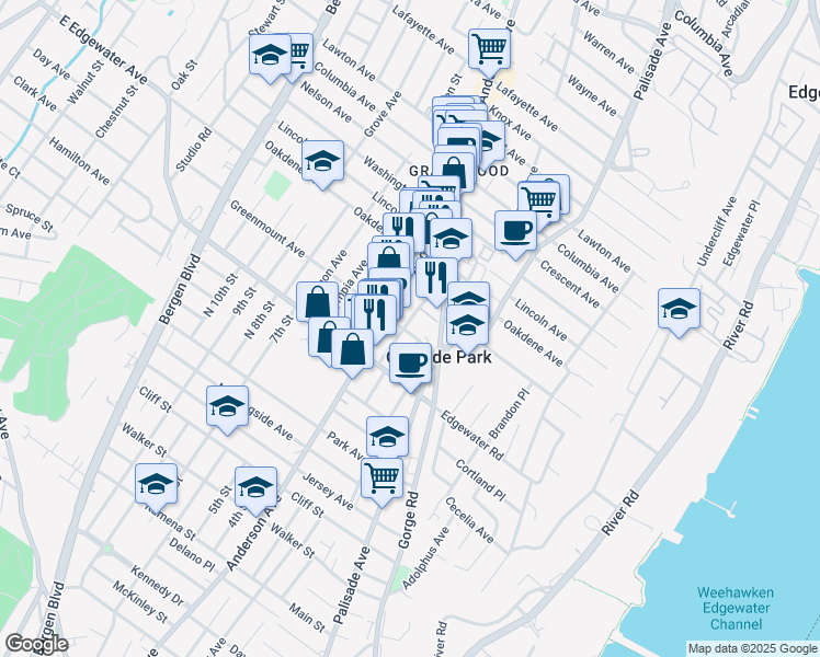 map of restaurants, bars, coffee shops, grocery stores, and more near 542 Kearney Avenue in Cliffside Park