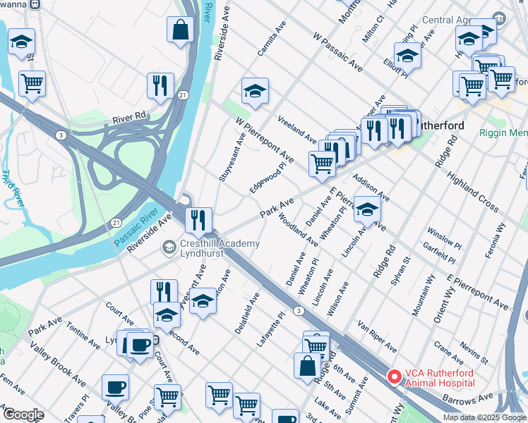 map of restaurants, bars, coffee shops, grocery stores, and more near 11 West Gouverneur Avenue in Rutherford