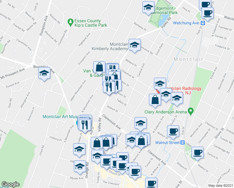 map of restaurants, bars, coffee shops, grocery stores, and more near 26 William Street in Montclair