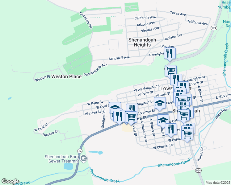 map of restaurants, bars, coffee shops, grocery stores, and more near 640 North Washington Street in Shenandoah