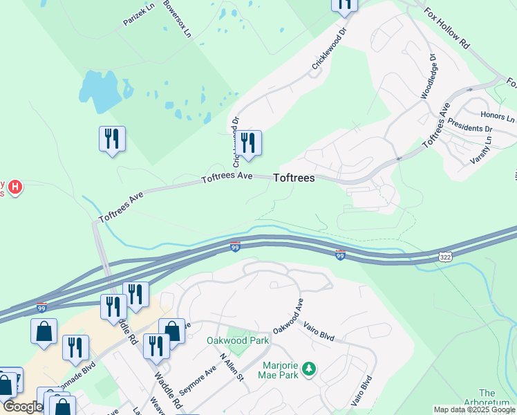map of restaurants, bars, coffee shops, grocery stores, and more near 520 Toftrees Avenue in State College