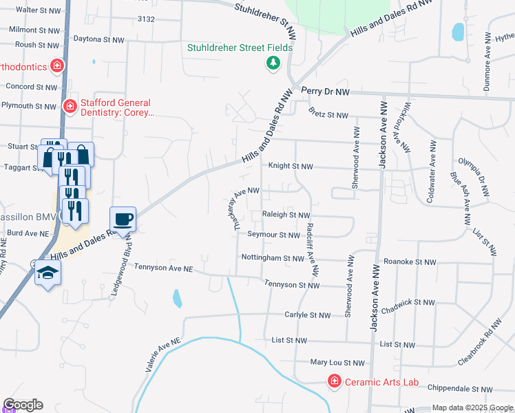 map of restaurants, bars, coffee shops, grocery stores, and more near 2815 Kipling Avenue Northwest in Massillon
