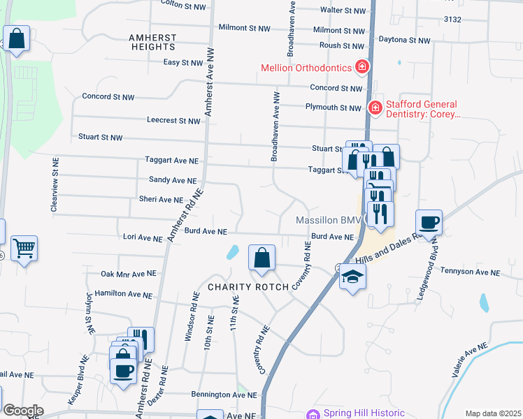 map of restaurants, bars, coffee shops, grocery stores, and more near 2050 Ridgecrest Drive Northwest in Massillon