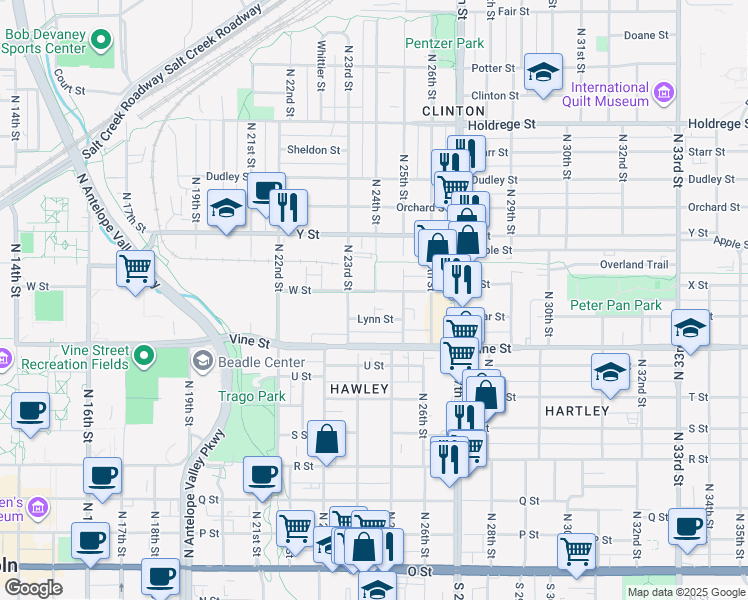 map of restaurants, bars, coffee shops, grocery stores, and more near 2335 W Street in Lincoln