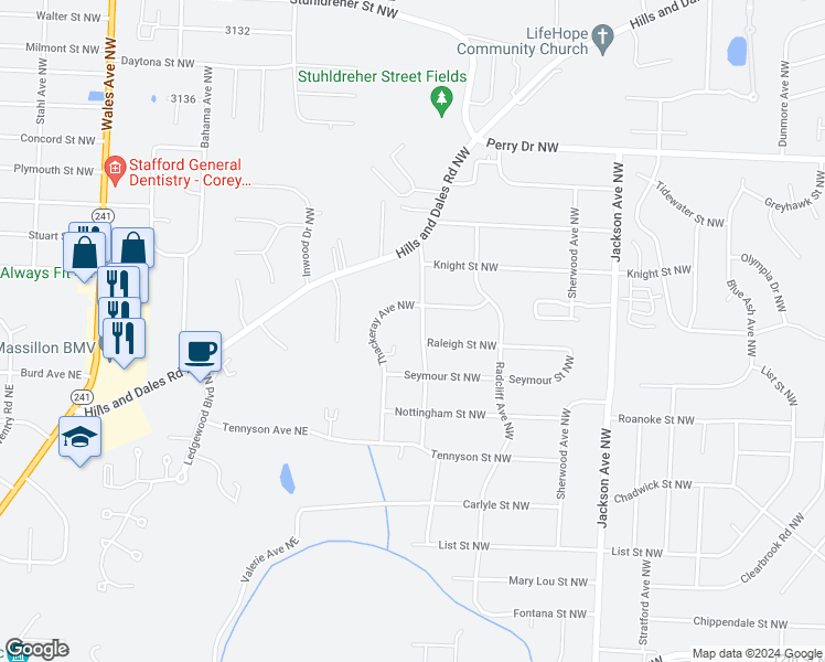 map of restaurants, bars, coffee shops, grocery stores, and more near 2803 Kipling Avenue Northwest in Massillon