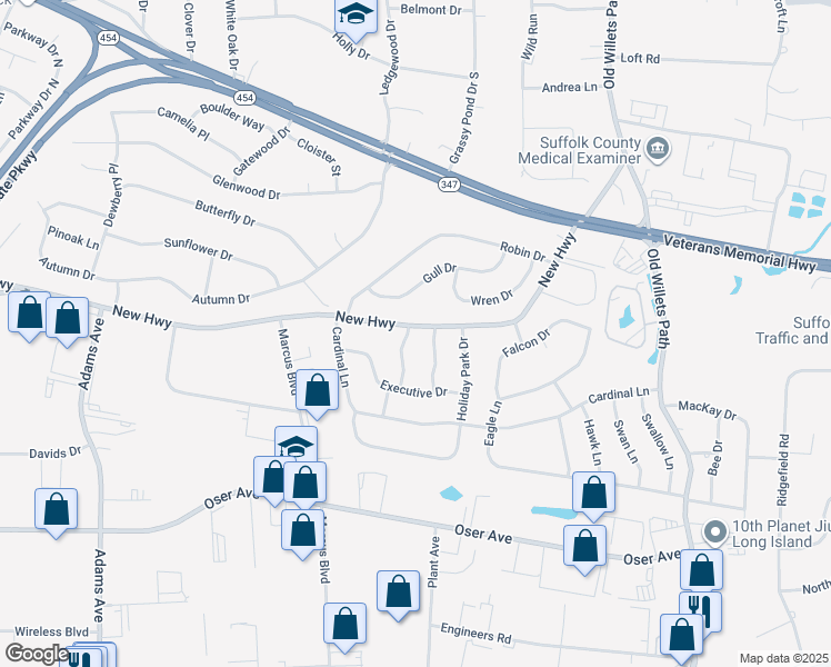map of restaurants, bars, coffee shops, grocery stores, and more near 2 Leeland Drive in Hauppauge