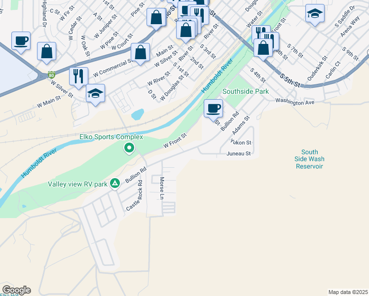 map of restaurants, bars, coffee shops, grocery stores, and more near 300 Bullion Road in Elko