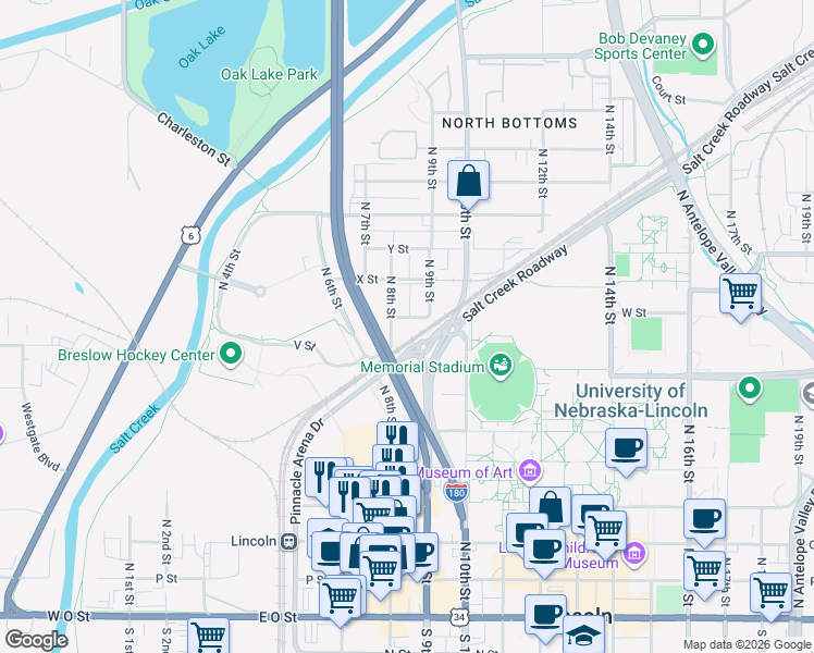 map of restaurants, bars, coffee shops, grocery stores, and more near 809 W Street in Lincoln