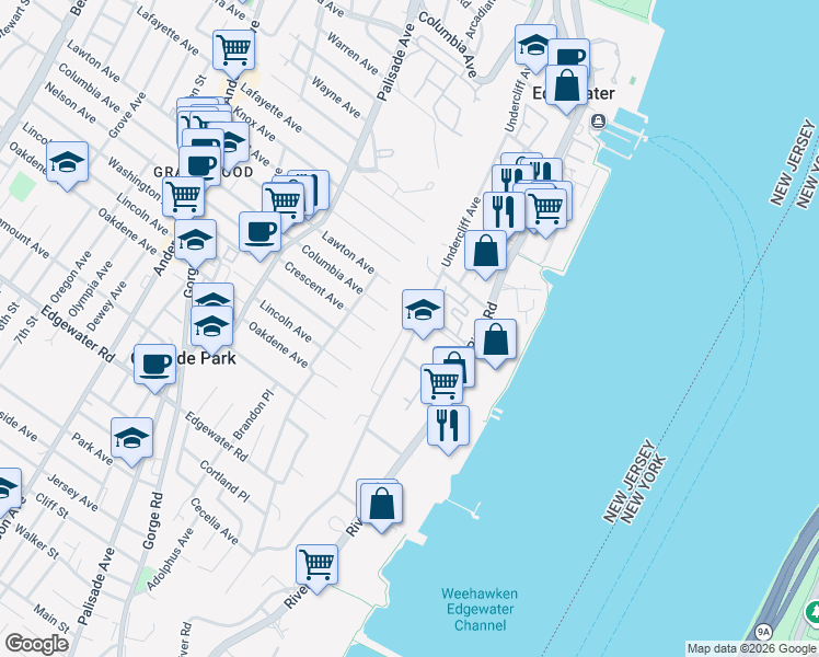 map of restaurants, bars, coffee shops, grocery stores, and more near 270 Undercliff Avenue in Edgewater