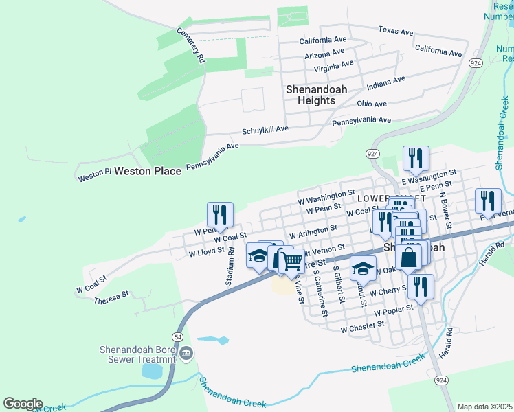 map of restaurants, bars, coffee shops, grocery stores, and more near 640 North Washington Street in Shenandoah