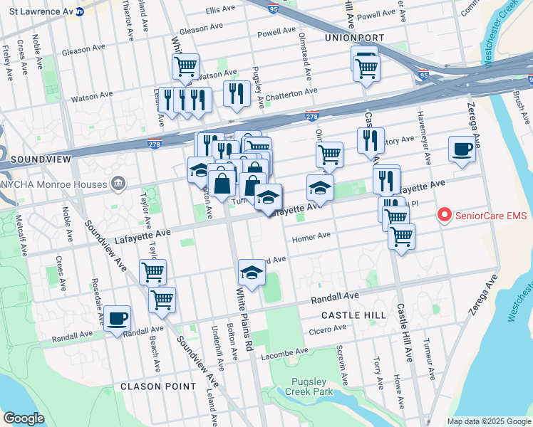 map of restaurants, bars, coffee shops, grocery stores, and more near 1980 Lafayette Avenue in Bronx