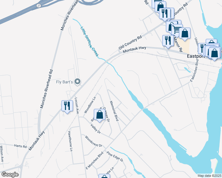 map of restaurants, bars, coffee shops, grocery stores, and more near 32 Emener Avenue in East Moriches