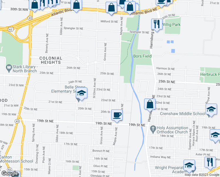 map of restaurants, bars, coffee shops, grocery stores, and more near 1623 23rd Street Northeast in Canton