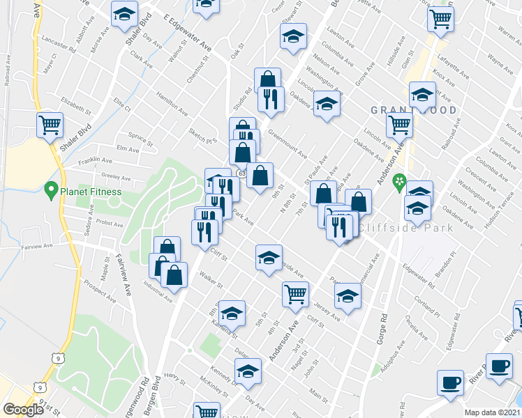 map of restaurants, bars, coffee shops, grocery stores, and more near 425 9th Street in Fairview