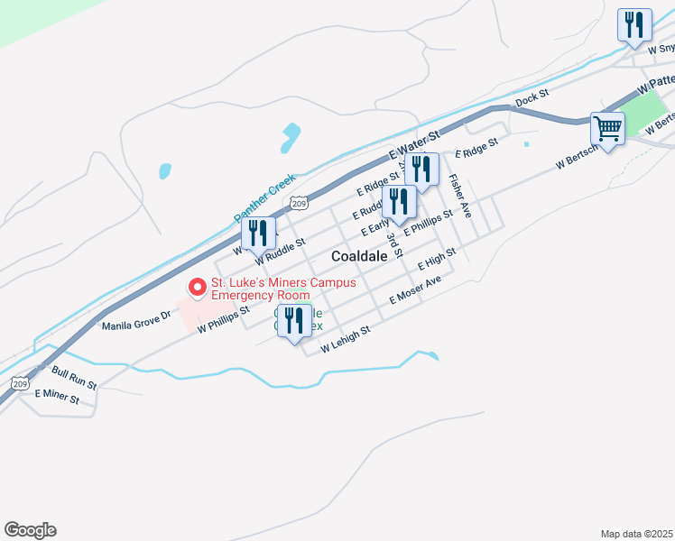 map of restaurants, bars, coffee shops, grocery stores, and more near 26 West Phillips Street in Coaldale