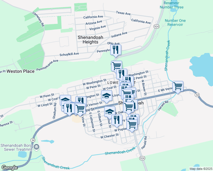 map of restaurants, bars, coffee shops, grocery stores, and more near 222 West Penn Street in Shenandoah