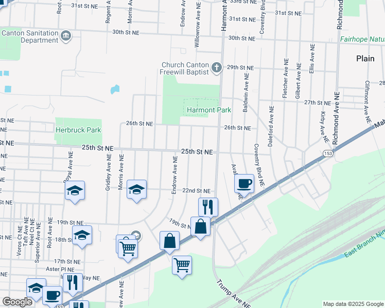 map of restaurants, bars, coffee shops, grocery stores, and more near 3102 25th St NE in Canton