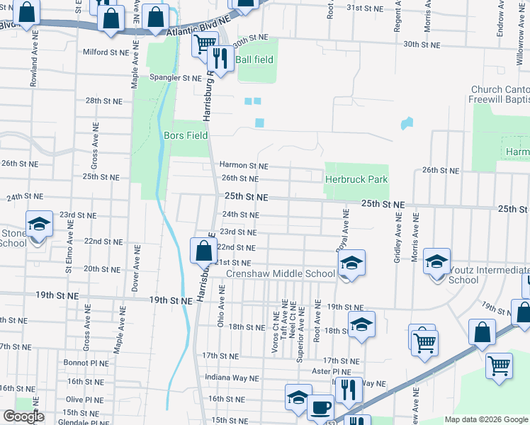 map of restaurants, bars, coffee shops, grocery stores, and more near 2215 24th Street Northeast in Canton