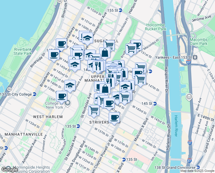 map of restaurants, bars, coffee shops, grocery stores, and more near 27 Bradhurst Avenue in New York