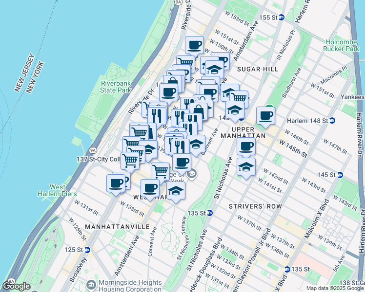 map of restaurants, bars, coffee shops, grocery stores, and more near 501 West 140th Street in New York