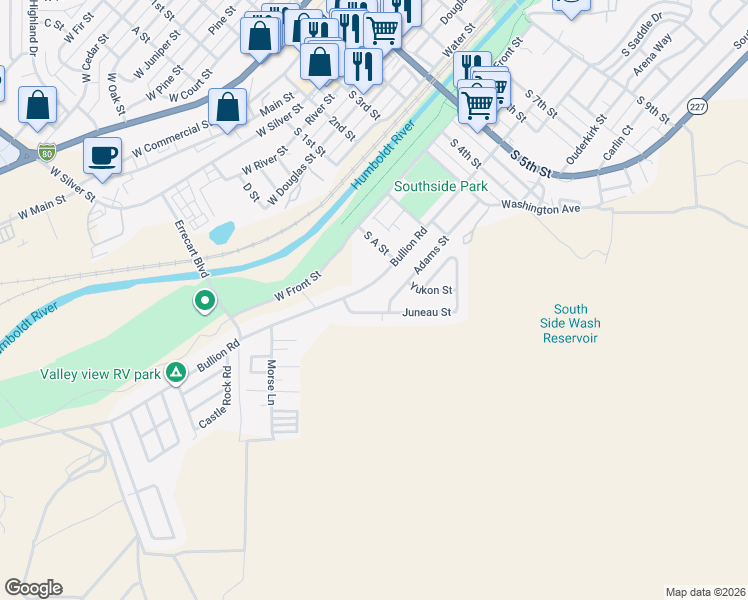 map of restaurants, bars, coffee shops, grocery stores, and more near 241 Bullion Rd in Elko