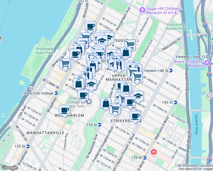 map of restaurants, bars, coffee shops, grocery stores, and more near 18 Hamilton Terrace in New York