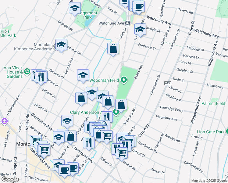 map of restaurants, bars, coffee shops, grocery stores, and more near 209 North Fullerton Avenue in Montclair