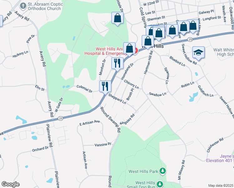 map of restaurants, bars, coffee shops, grocery stores, and more near 62 Homeland Drive in Huntington
