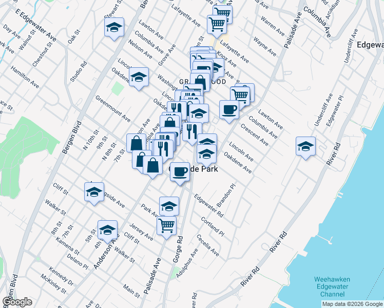 map of restaurants, bars, coffee shops, grocery stores, and more near 500 Gorge Road in Cliffside Park