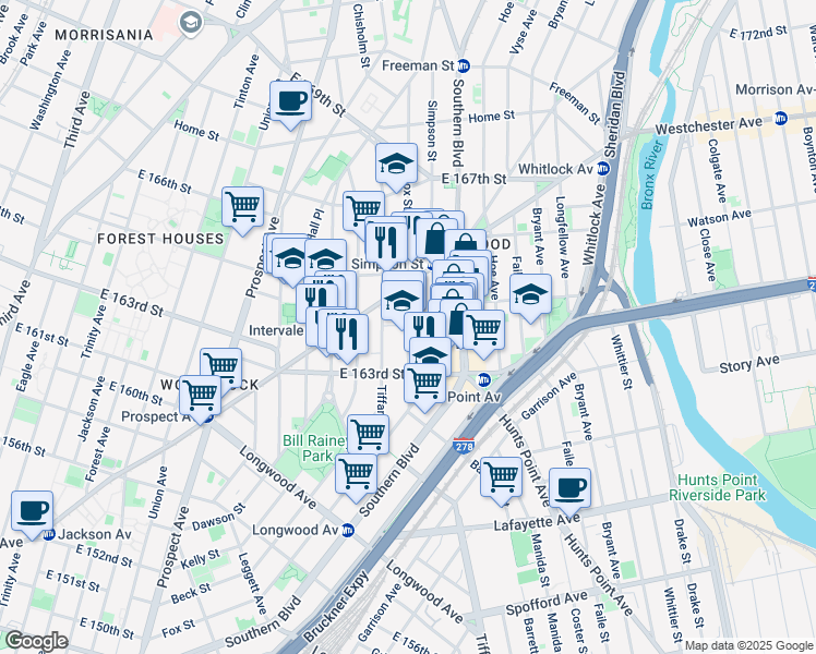 map of restaurants, bars, coffee shops, grocery stores, and more near 977 Fox Street in Bronx