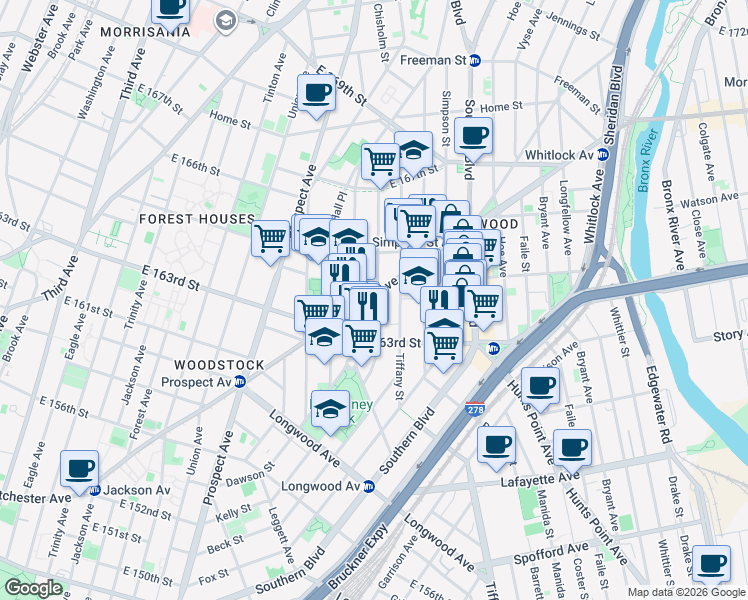 map of restaurants, bars, coffee shops, grocery stores, and more near 958 Westchester Avenue in The Bronx