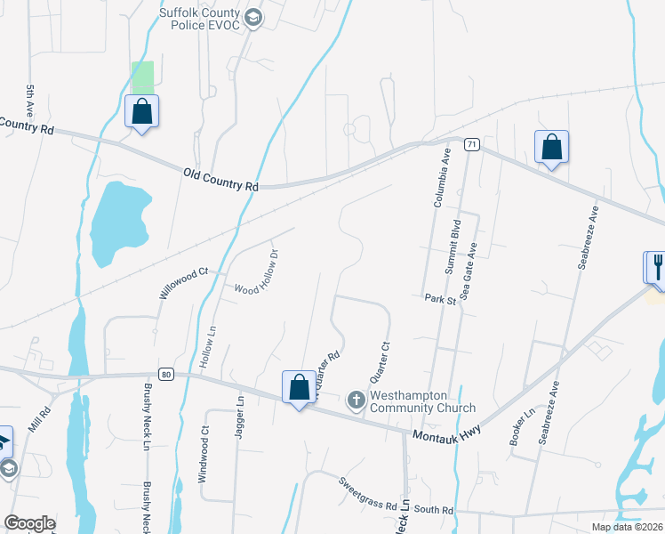 map of restaurants, bars, coffee shops, grocery stores, and more near 25 North Quarter Road in Westhampton