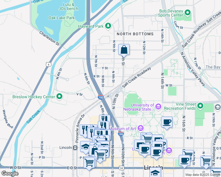 map of restaurants, bars, coffee shops, grocery stores, and more near 809 W Street in Lincoln