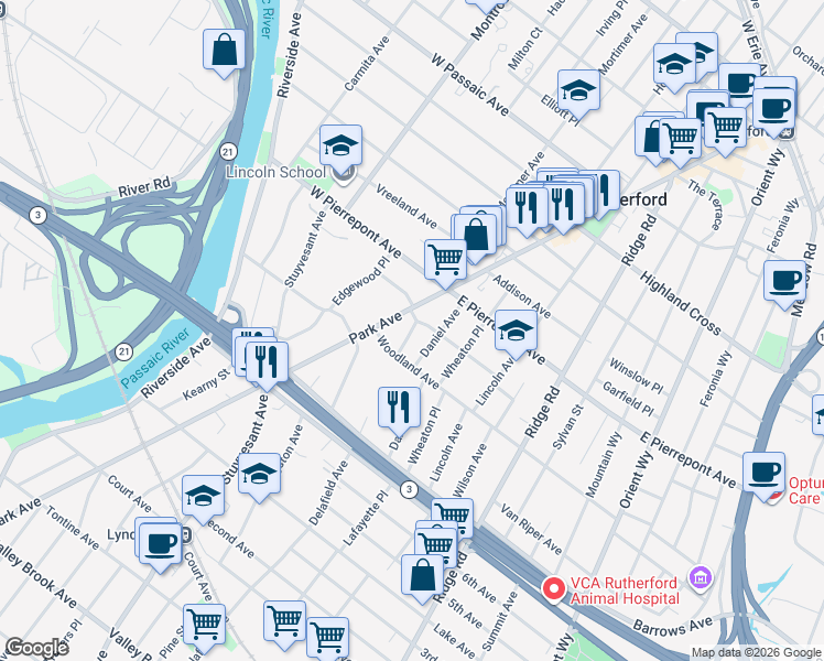 map of restaurants, bars, coffee shops, grocery stores, and more near 1 Delafield Avenue in Rutherford