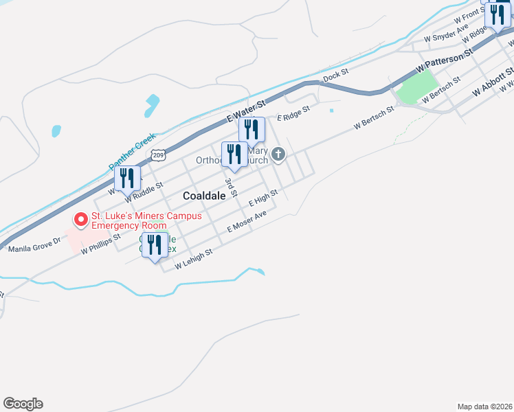 map of restaurants, bars, coffee shops, grocery stores, and more near 144 East High Street in Coaldale