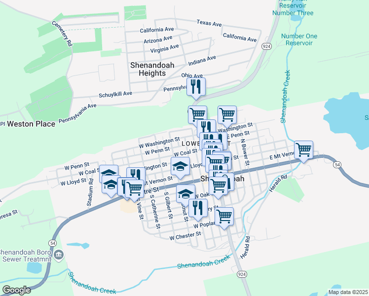map of restaurants, bars, coffee shops, grocery stores, and more near 204 West Penn Street in Shenandoah