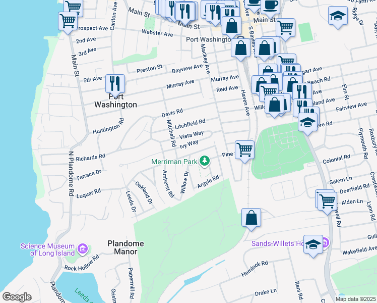 map of restaurants, bars, coffee shops, grocery stores, and more near 144 Luquer Road in Port Washington