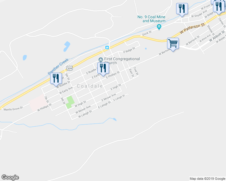 map of restaurants, bars, coffee shops, grocery stores, and more near 126 East High Street in Coaldale