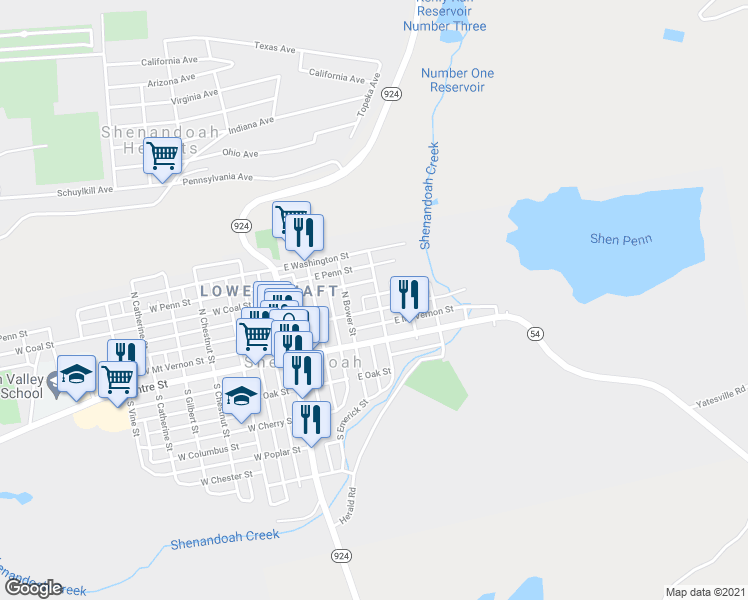 map of restaurants, bars, coffee shops, grocery stores, and more near 238 East Arlington Street in Shenandoah