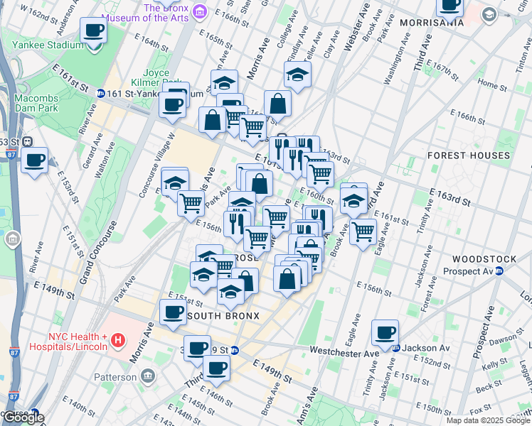 map of restaurants, bars, coffee shops, grocery stores, and more near 380 East 158th Street in Bronx