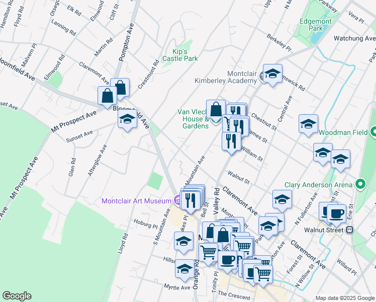 map of restaurants, bars, coffee shops, grocery stores, and more near 361 Claremont Avenue in Montclair