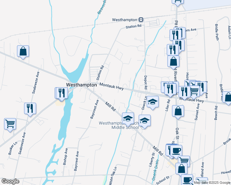 map of restaurants, bars, coffee shops, grocery stores, and more near 21 Montauk Highway in Westhampton