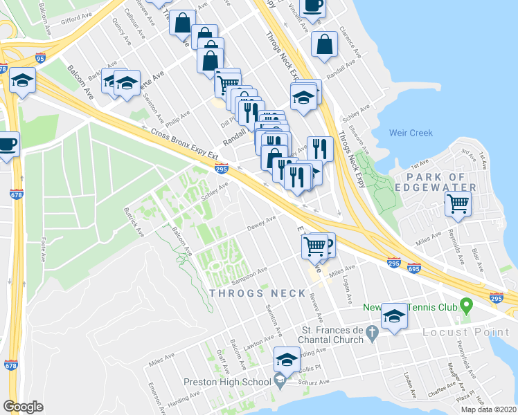 map of restaurants, bars, coffee shops, grocery stores, and more near 521 Revere Avenue in Bronx