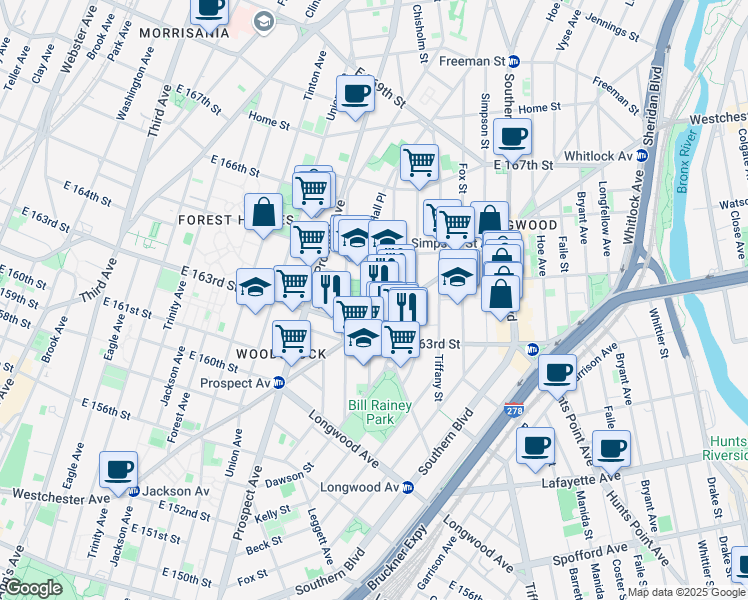 map of restaurants, bars, coffee shops, grocery stores, and more near 950 Rogers Place in Bronx