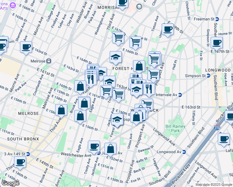 map of restaurants, bars, coffee shops, grocery stores, and more near 730 East 163rd Street in The Bronx