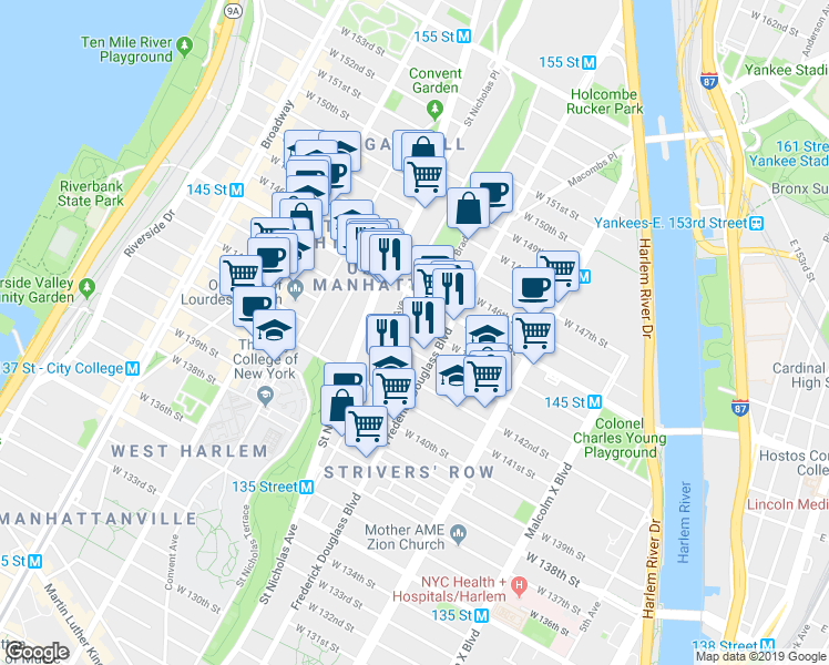 map of restaurants, bars, coffee shops, grocery stores, and more near 27 Bradhurst Avenue in New York