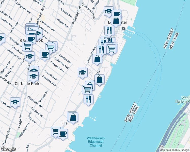 map of restaurants, bars, coffee shops, grocery stores, and more near 15 Winterburn Place in Edgewater