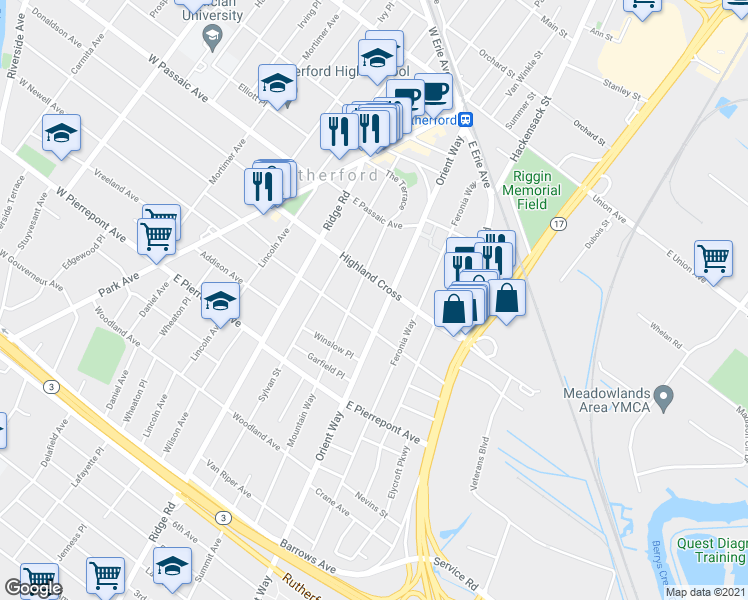 map of restaurants, bars, coffee shops, grocery stores, and more near 160 Orient Way in Rutherford