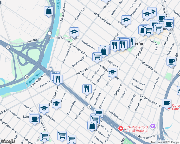map of restaurants, bars, coffee shops, grocery stores, and more near 1 Delafield Avenue in Rutherford