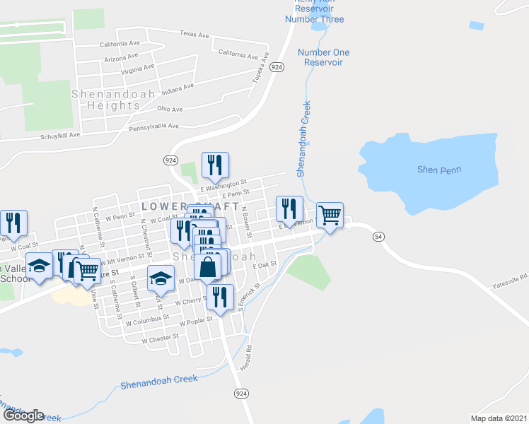 map of restaurants, bars, coffee shops, grocery stores, and more near 238 East Arlington Street in Shenandoah